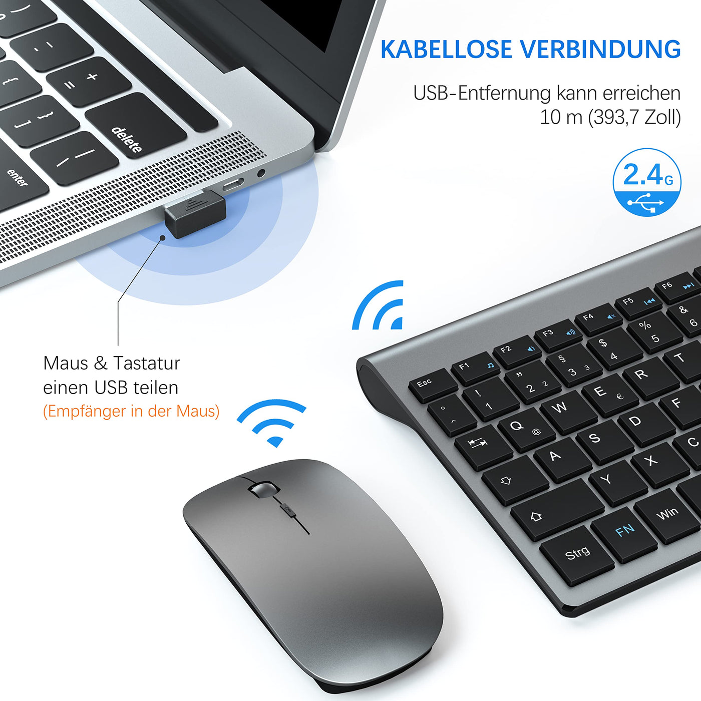 Tastatur Maus Set Ultra Slim, TopMate 2,4G Stille Compact USB 2400DPI Maus und Schissschalter Tastatur mit Abdeckung, mit 2 AA und 2 AAA Batterien für PC/Laptop/Windows/Mac - Grauschwarz