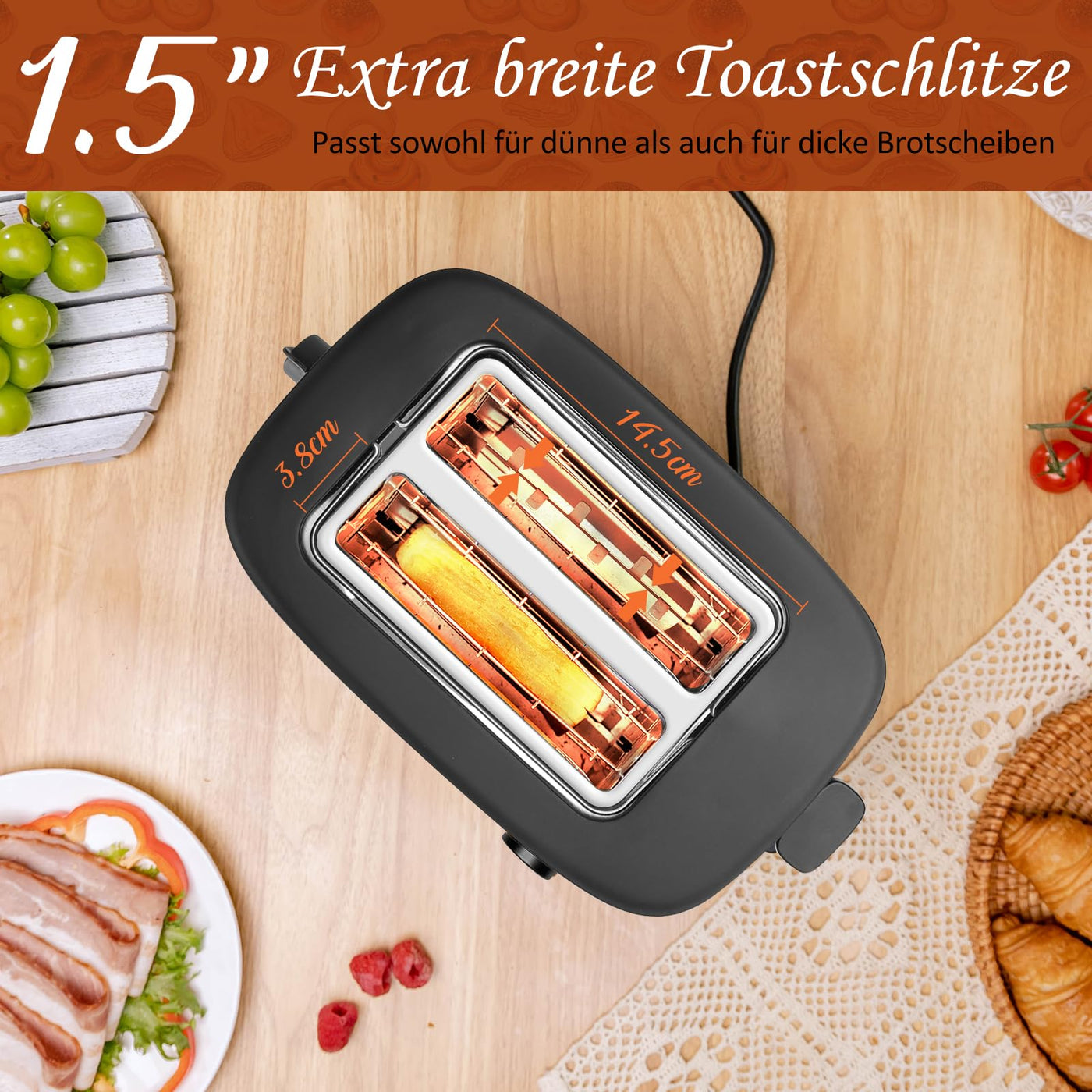 Aigostar Energy - Toaster 2 Scheiben mit Brötchenaufsatz, extra breite Toastschlitze & Brotzentrierung, 6 Bräunungsstufen, Abbruch-, Auftau- & Aufwärmfunktionen, Krümelschublade, 800W, Schwarz