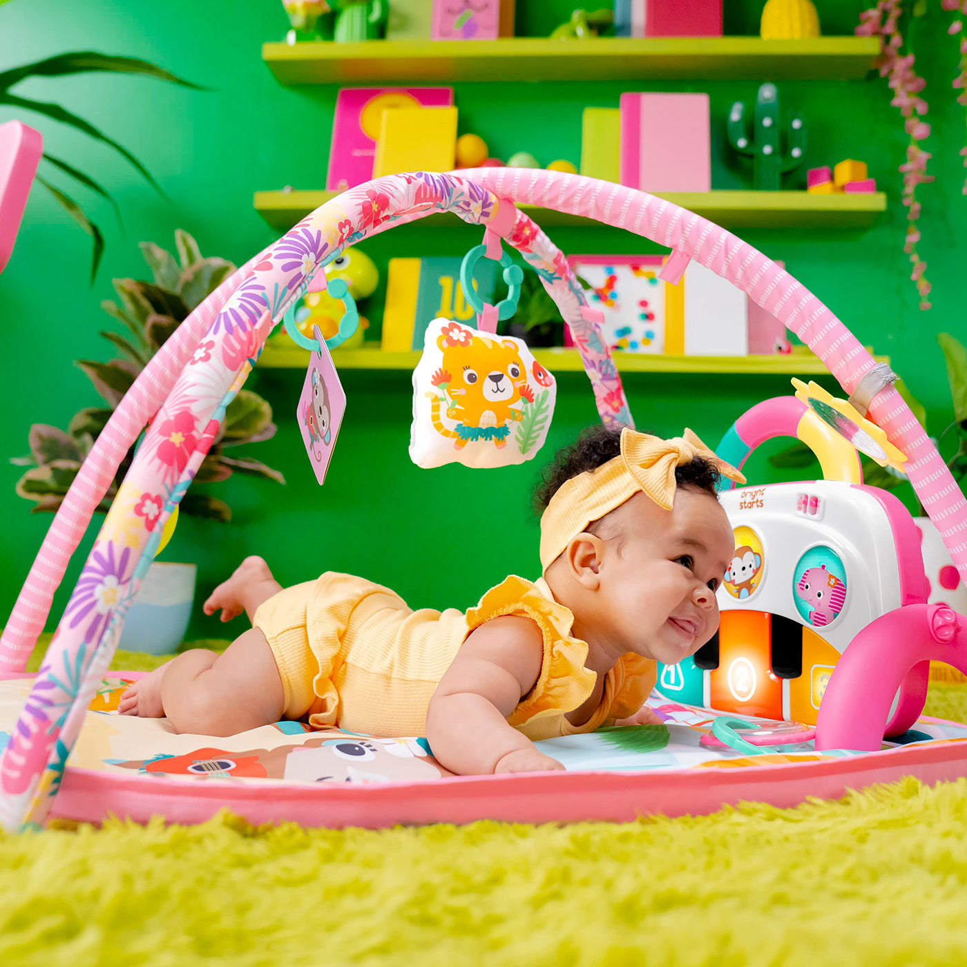Bright Starts, 4-in-1 Groovin’ Kicks Piano and Drum Activity Gym Play Mat, Detachable Toys, Languages, Lights, Sounds and Music, Newborn and up - Floral Fiesta