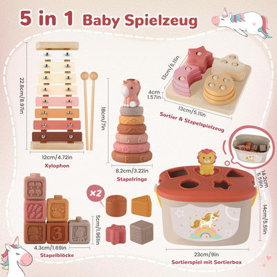5 in 1 Baby Spielzeug 6 Monate, Montessori Spielzeug Baby, Motorikspielzeug, Stapelspielzeug Blöcken, Sensorik Spielzeug, Babyspielzeug ab 6 9 12 Monate Lernspielzeug Geschenk 1 Jahr Mädchen Junge