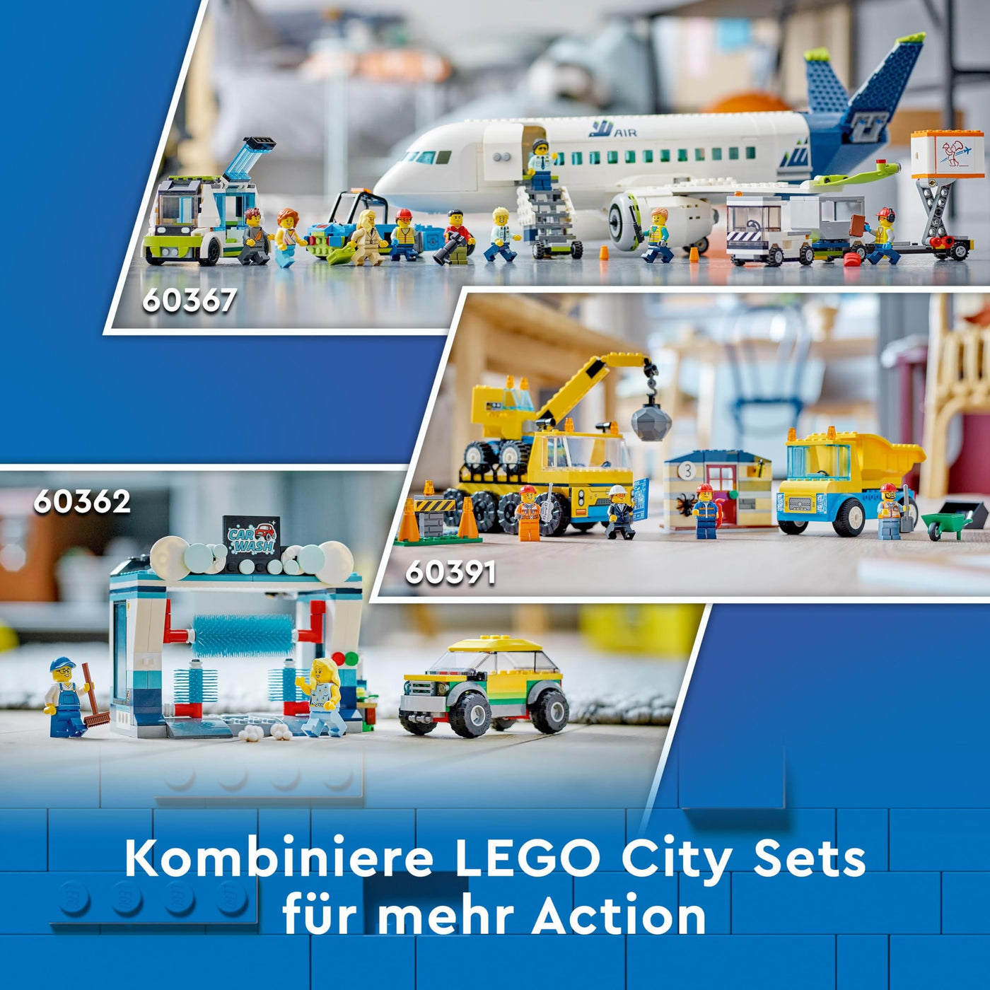 LEGO 60367 City Passagierflugzeug Spielzeug-Set, großes Flugzeug-Modell mit Fahrzeugen des Flughafen-Bodenpersonals: Vorfeldbus, Pushback-Schlepper, Catering-Lader, Gepäckwagen und 9 Minifiguren
