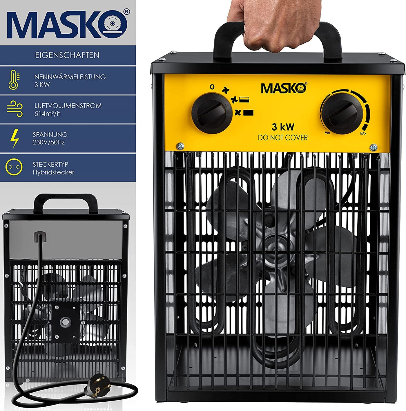 Masko® Elektroheizer Heizlüfter Bauheizer 3 KW mit integriertem Thermostat elektrisch Heizgerät 3000 Watt 3 Heizstufen Heizgebläse für Innen- und Außeneinsatz Überlastschutz Elektroheizgebläse Gelb