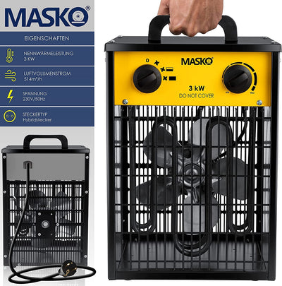 Masko® Elektroheizer Heizlüfter Bauheizer 3 KW mit integriertem Thermostat elektrisch Heizgerät 3000 Watt 3 Heizstufen Heizgebläse für Innen- und Außeneinsatz Überlastschutz Elektroheizgebläse Gelb