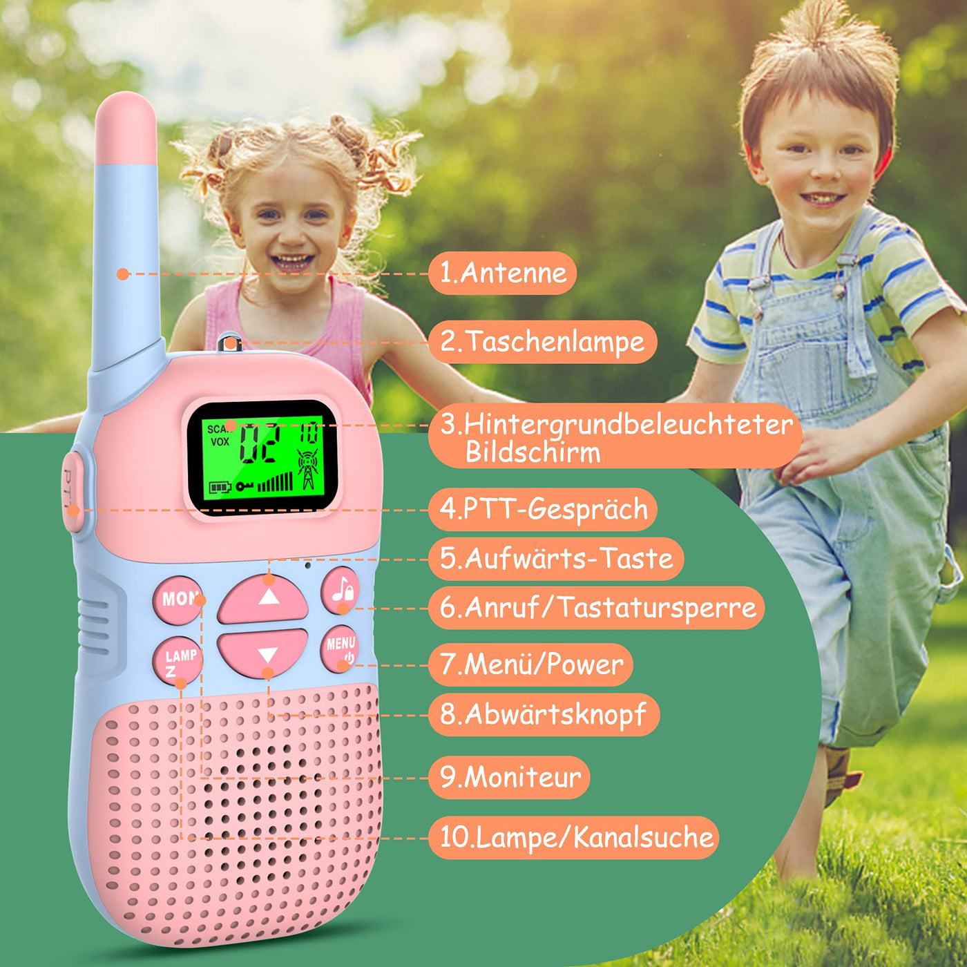 Kidsfun 2×Walkie Talkie Kinder, USB Wiederaufladbar Draußen Spielzeug Walki Talki mit Taschenlampe, Geschenk für Junge und Mädchen ab 3 Jahre,3 Meilen Reichweite für Einkaufen, Freien, Camping. Rosa