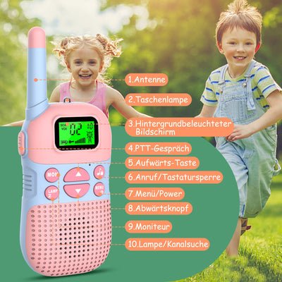 Kidsfun 2×Walkie Talkie Kinder, USB Wiederaufladbar Draußen Spielzeug Walki Talki mit Taschenlampe, Geschenk für Junge und Mädchen ab 3 Jahre,3 Meilen Reichweite für Einkaufen, Freien, Camping. Rosa