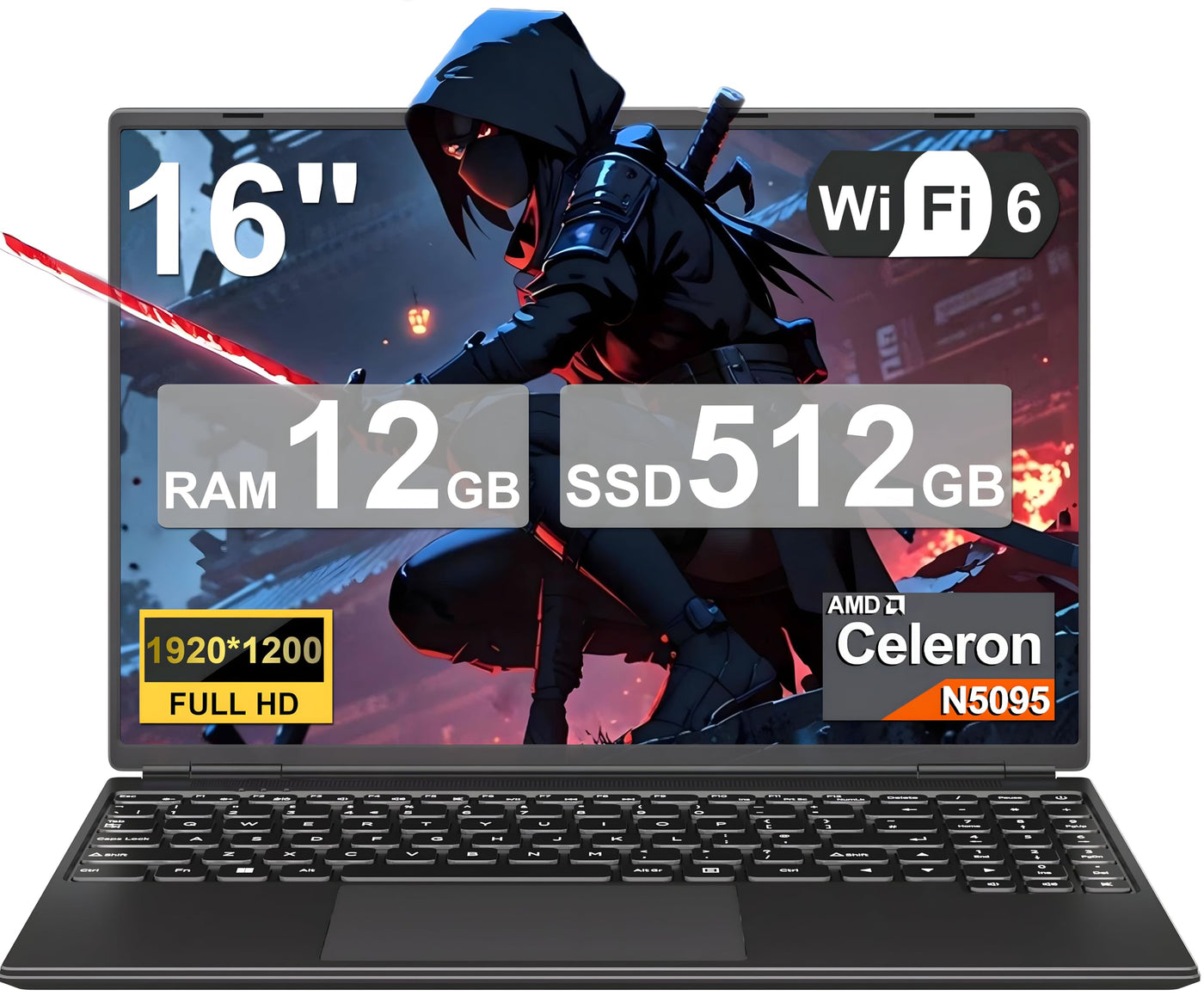 2025 Gaming Laptop 16 Zoll Win11 12+512GB SSD Unterstützung 2TB(HDD-2TB) 1920x1200 Notebook 4-Core Celeron N5095 (bis 2.9GHz) Laptop mit Nummerntastatur WiFi Mini HDMI Deutscher Tastaturschutz-Schwarz