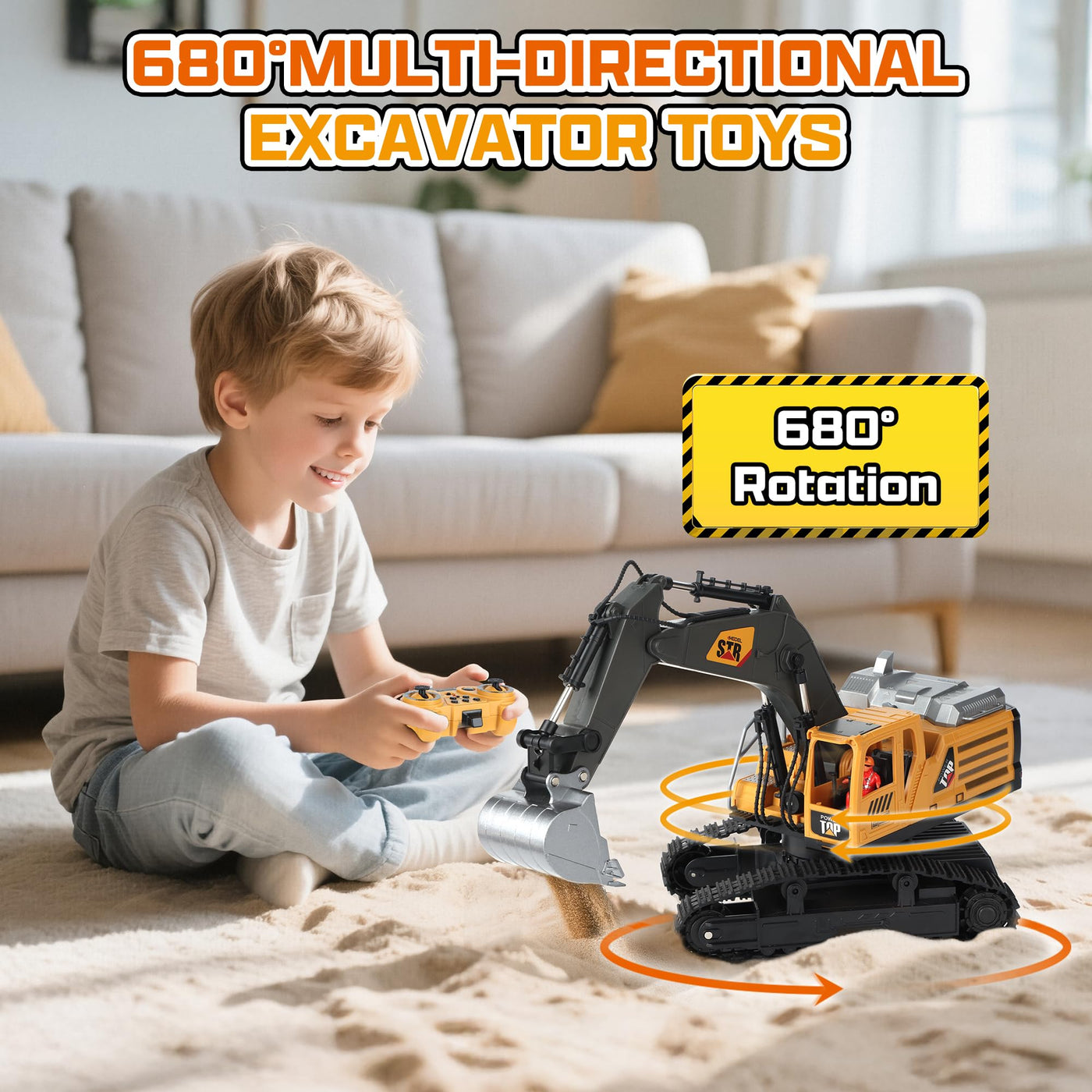 QiquBox RC Ferngesteuerter Bagger Spielzeug für ab 3 4 5 6 7 8 9 Jahren Junge - Bagger Spielzeugautos Metall Schaufel mit Spray Licht Ton, 680° Drehung Ferngesteuertes Auto für Jungen Geschenk Kinder