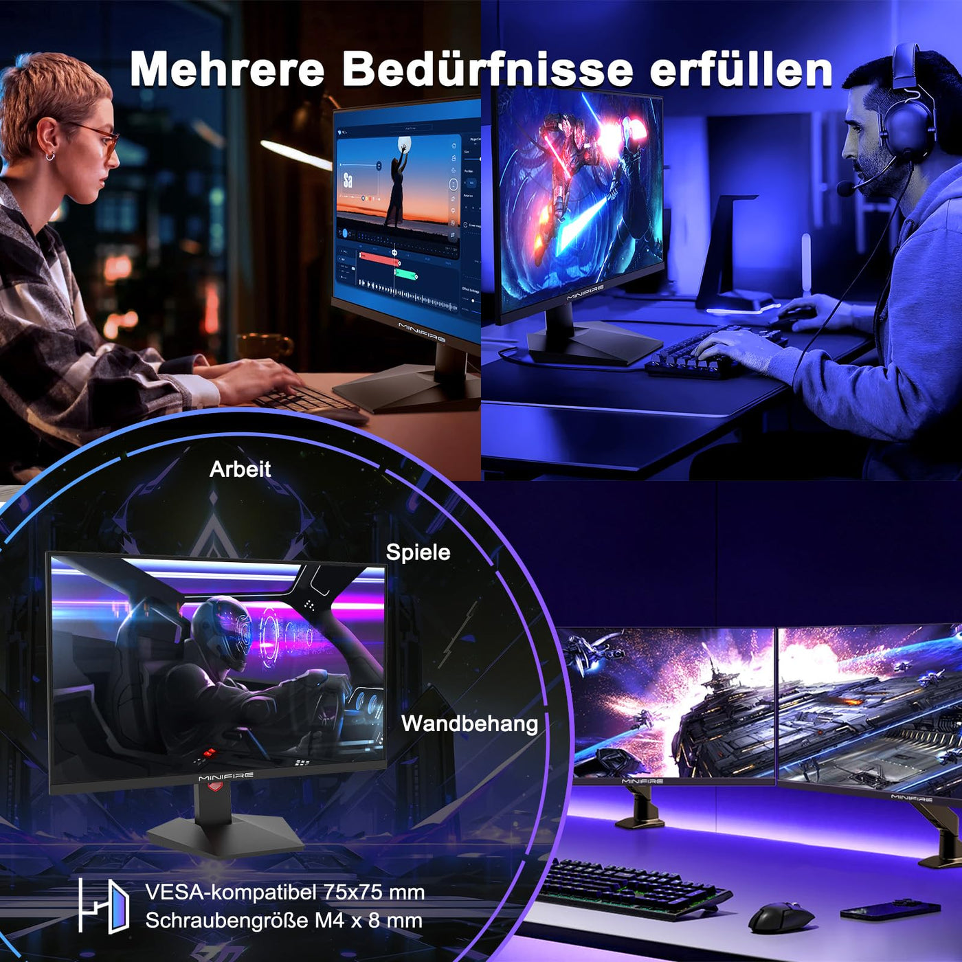 Minifire Gaming Monitor 24",180 Hz, WQHD(2560 x 1440),Nano IPS, OD 1ms, HDR, 130% sRGB, AMD FreeSync+,Motion Blur Reduction Technologie, VESA(75 x 75 mm) - Schwarz MFG24X5Q