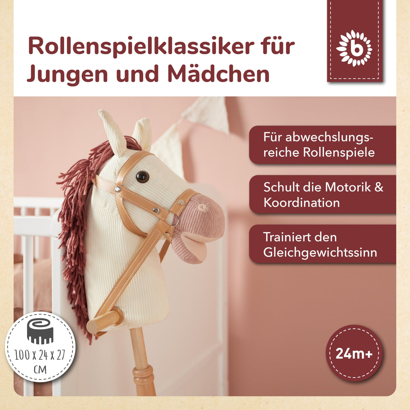 Bieco Steckenpferd Kinder Ginger | Hobby Horse Pferde | Steckenpferd Rollen | Steckenpferd Holz Pferd Stab | Stock Pferde Schöne Steckenpferde für Kinder Stockpferd Kleinkind