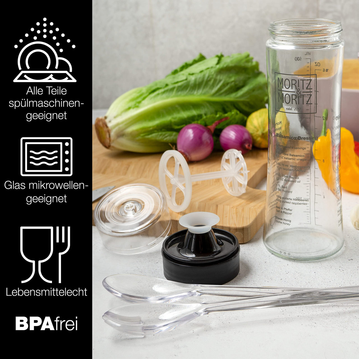 Moritz & Moritz 2-tlg. Set: Dressingshaker 500 ml - Salatdressing Shaker Glas mit Skala und 3 Rezepten in Deutsch und Englisch
