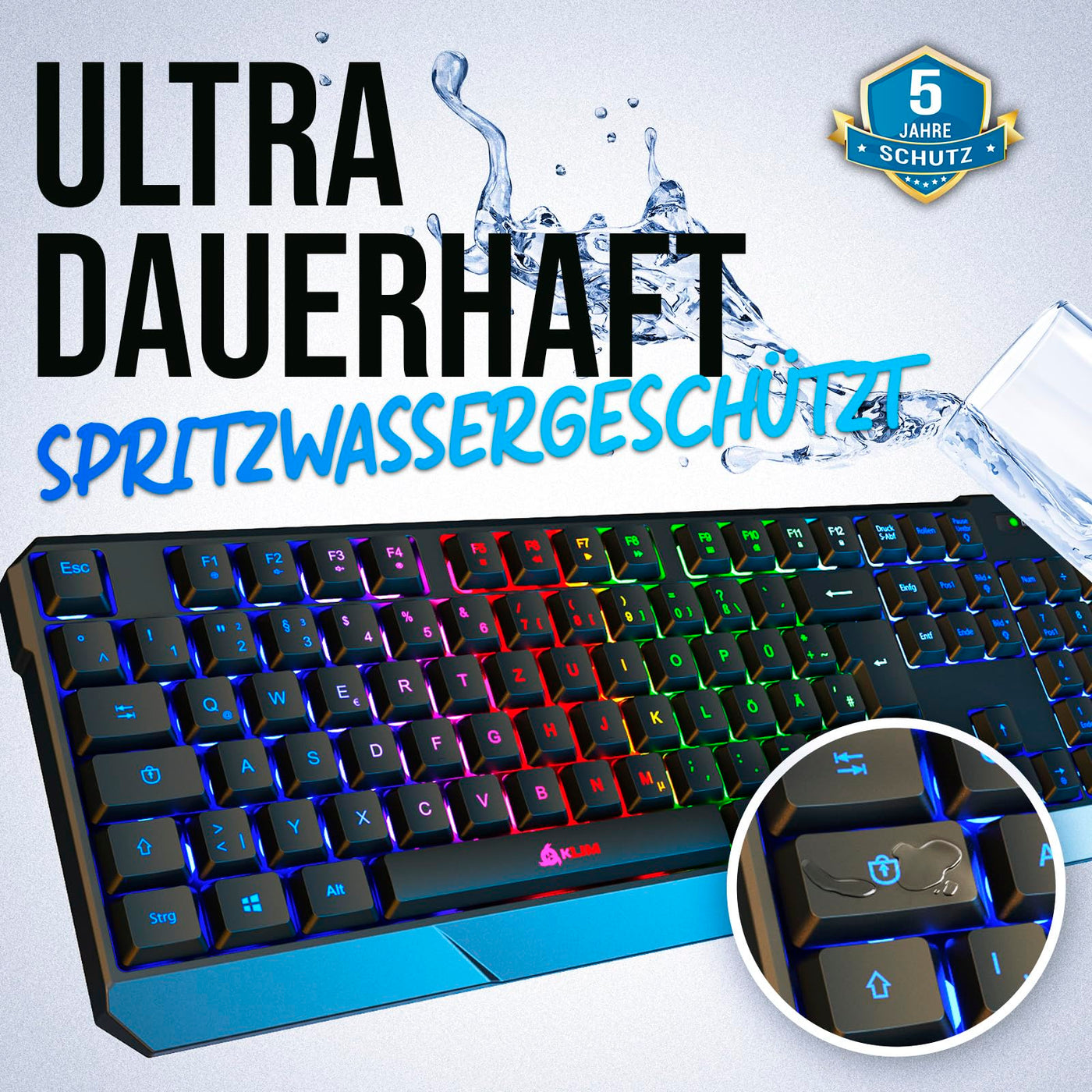 KLIM Chroma Wireless Gaming Tastatur Kabellos QWERTZ DEUTSCH - NEU - Langlebig, Ergonomisch, Wasserdicht, Leise - RGB Kabellose Tastatur Gaming für PC PS4 PS5 Mac - Schwarz