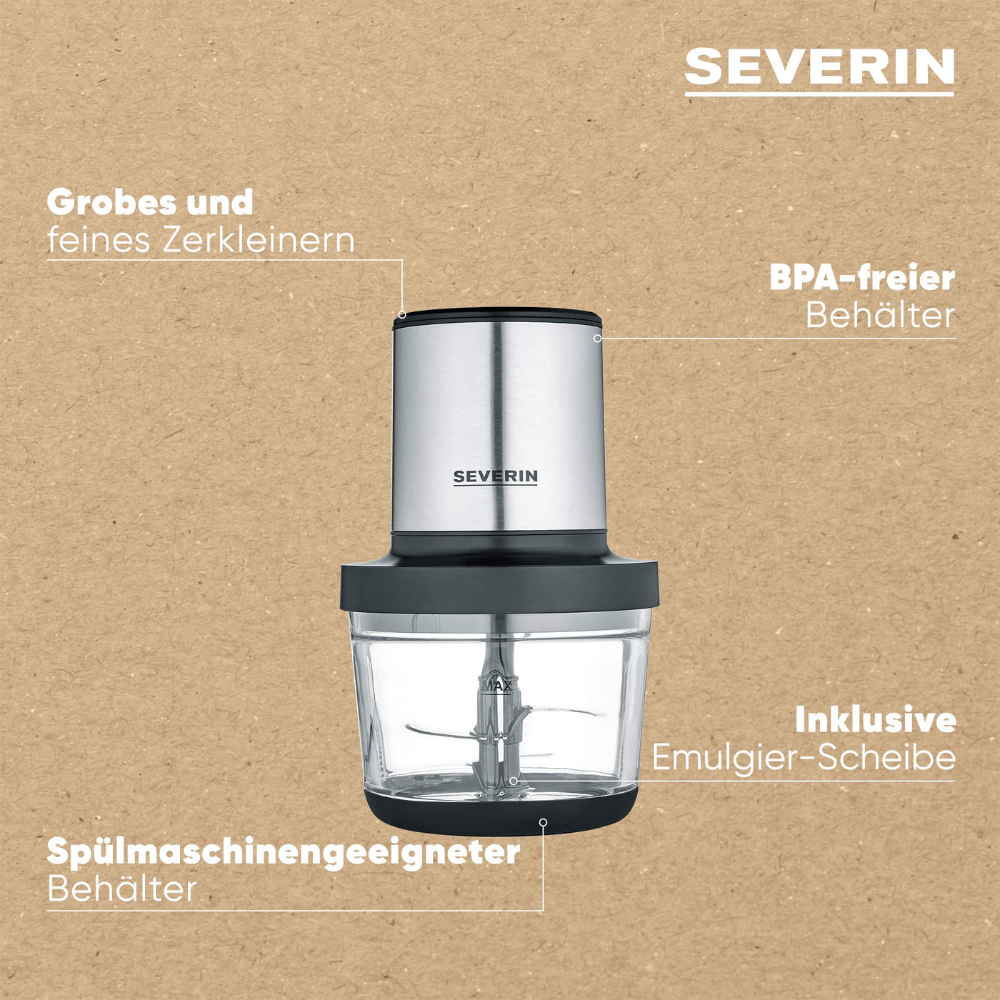 SEVERIN Universalzerkleinerer, Multizerkleinerer für grobes und feines Zerkleinern, geeignet für Crushed Ice, Käse, Nüsse und mehr, matt-schwarz/Edelstahl-gebürstet, KM 3867