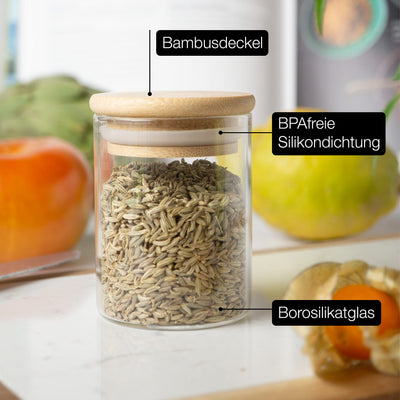 Moritz & Moritz 12 Gewürzgläser Set je 125ml - Gewürzdosen Glas inkl. Tafelsticker & Kreidestift – Luftdichte Gewürzgläser mit Bambusdeckel für Gewürze, Kräuter & Tee