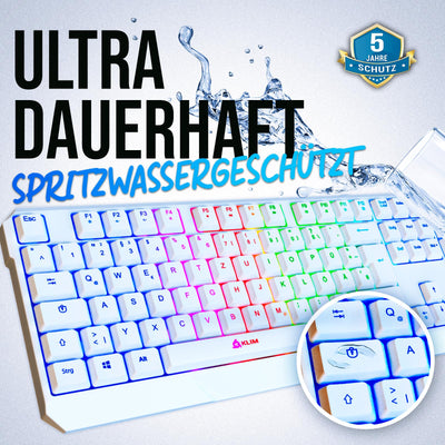 KLIM Chroma Wireless Gaming Tastatur Kabellos QWERTZ DEUTSCH - NEU 2024 - Langlebig, Ergonomisch, Wasserdicht, Leise - RGB Kabellose Tastatur Gaming für PC PS4 PS5 Mac - Weiß