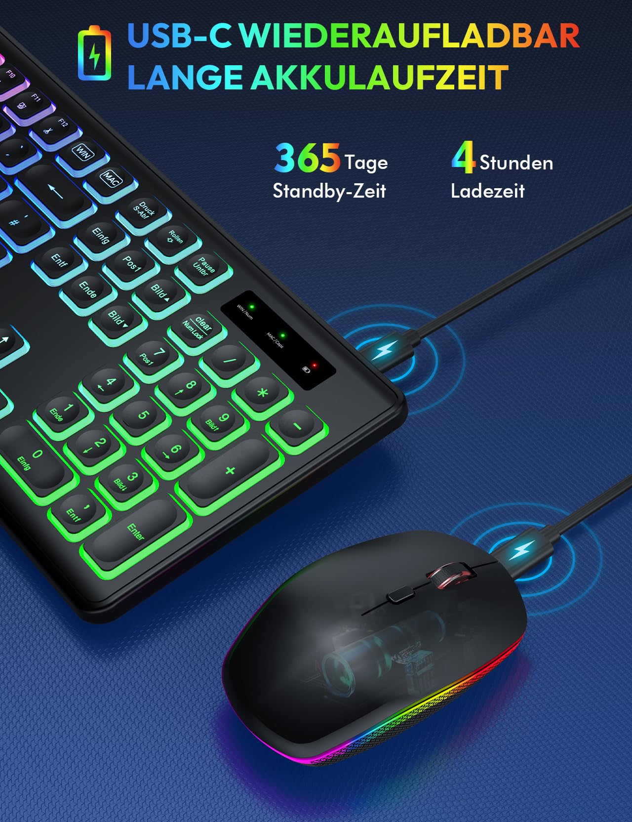 Tastatur Maus Set Kabellos Beleuchtete, wiederaufladbar & Automatischer Schlaf, verstellbare Höhe, 2,4 GHz LED leise USB-A & USB-C Funktastatur mit Maus, für Mac OS/Windows/PC/Laptop-Schwarz, QWERTZ