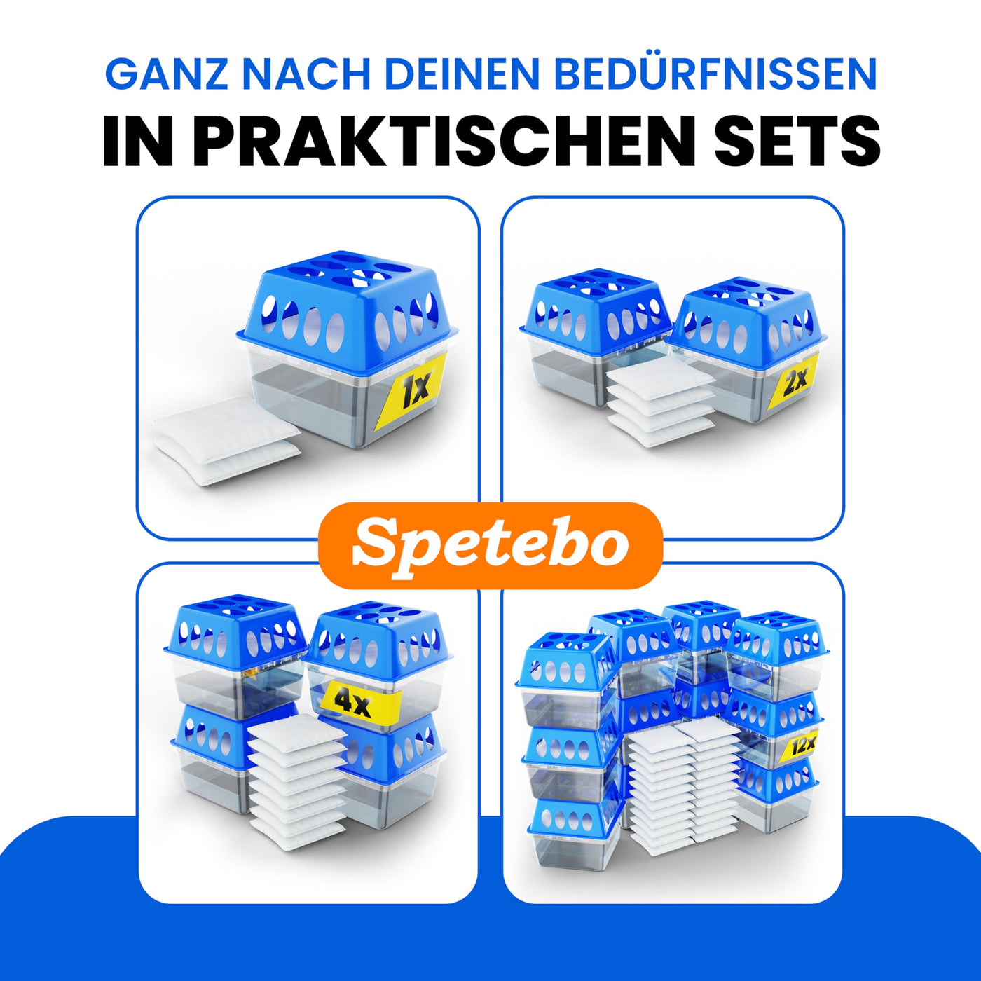 Spetebo 4x Luftentfeuchter - Raumentfeuchter ohne Strom 8x 400g Granulat - Entfeuchter für Räume bis 25m², Fenster, Wohnung, Keller, Autos & Wohnmobile gegen Feuchtigkeit - Schimmel- und Geruchsschutz
