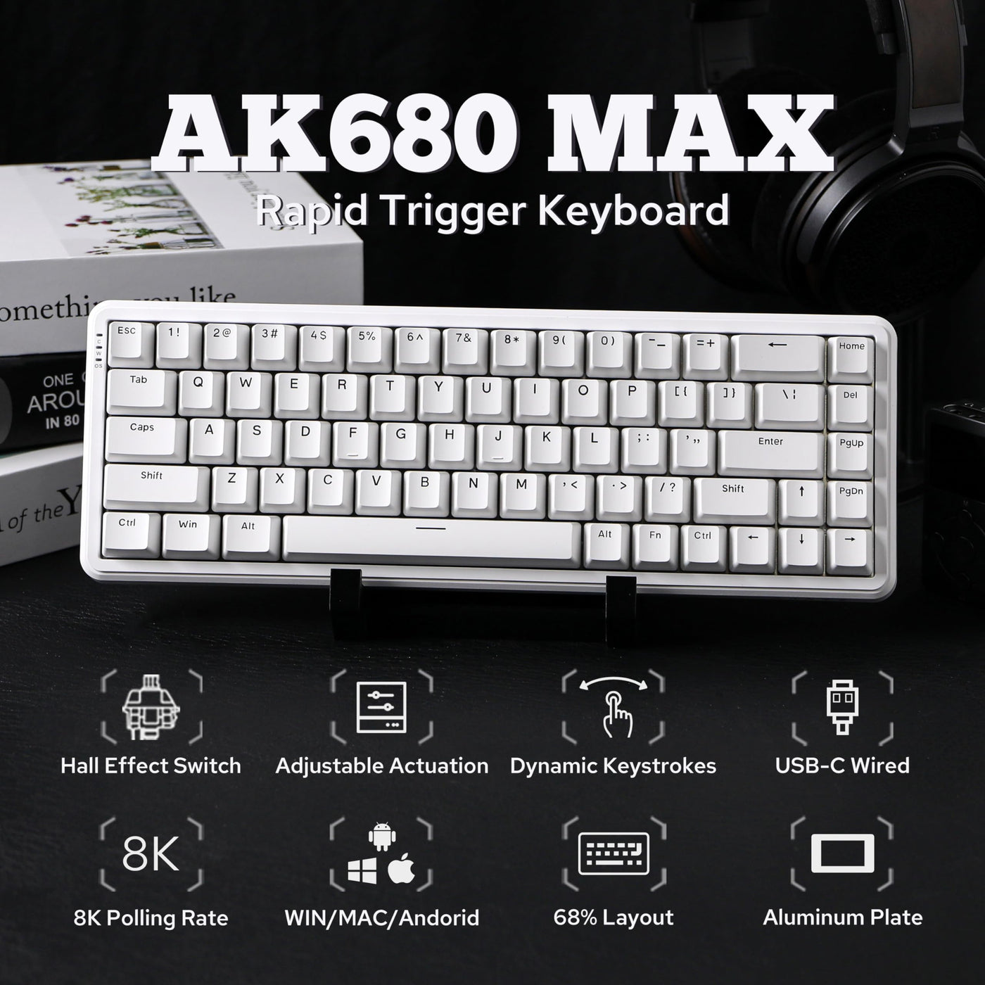 MechLands AK680 MAX Wired Gaming Keyboard mit Hall-Effekt Schalter, Rapid Trigger Magnetic Keyboard, Mechanische Tastatur mit 8K Polling Rate, Top Struktur, RGB (Weiß)