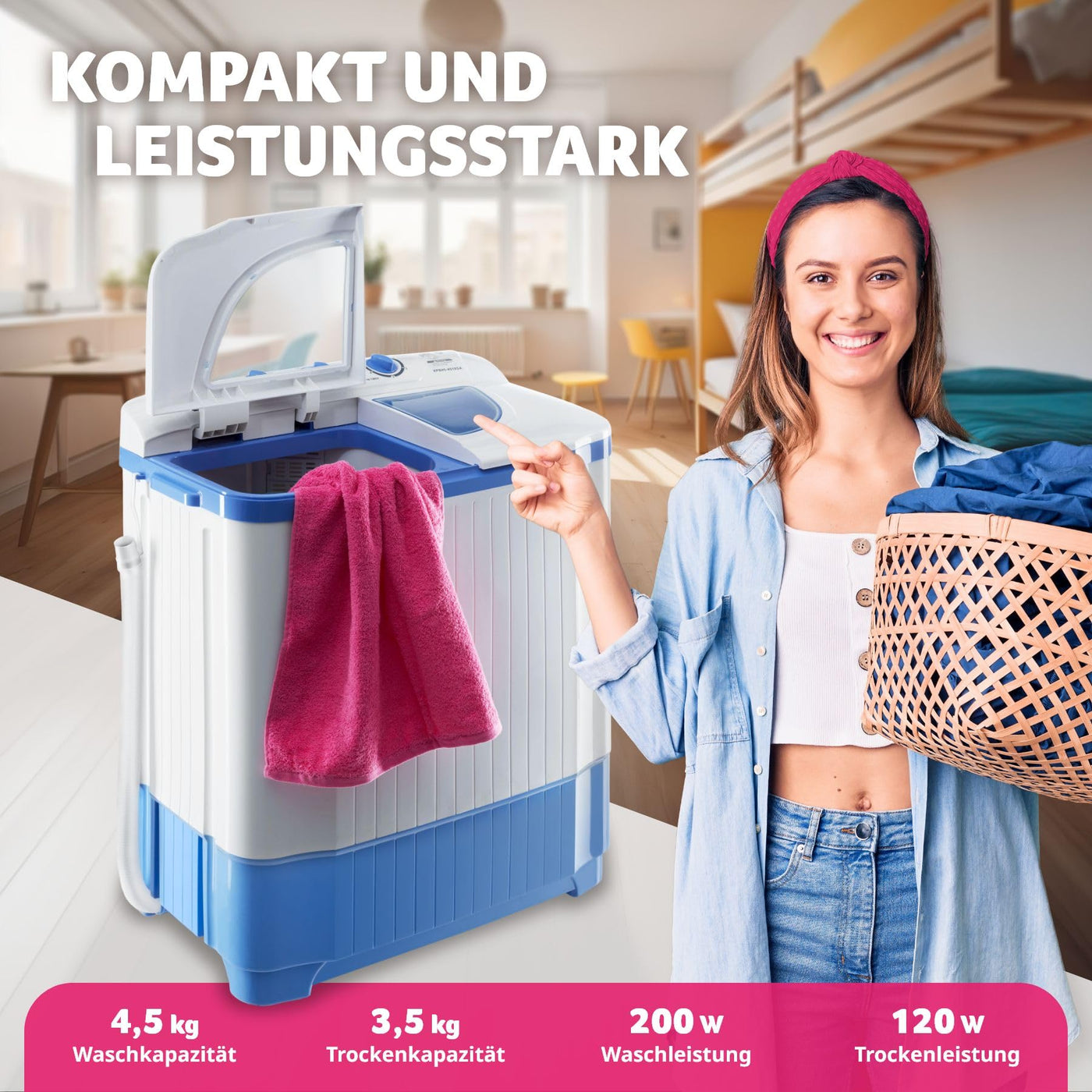 tectake® portable, mobile 4,5 kg Mini Waschmaschine + 3,5 kg Wäscheschleuder Kombination, Toplader für Camping und Reise, Toploader Reisewaschmaschine