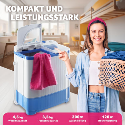 tectake® portable, mobile 4,5 kg Mini Waschmaschine + 3,5 kg Wäscheschleuder Kombination, Toplader für Camping und Reise, Toploader Reisewaschmaschine