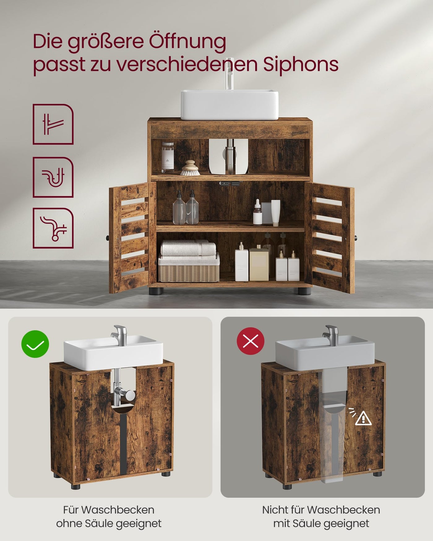 VASAGLE Waschbeckenunterschrank, Badschrank, 60 x 30 x 63 cm, Badezimmerschrank, Aufbewahrungsschrank, Unterschrank mit 2 Lamellentüren, mit verstellbarer Regalebene, vintagebraun BBK04BX