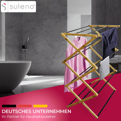 Suleno® Bambus Wäscheständer Bali, 57x113cm Klappbar & Ausziehbar, Platzsparend, 11 Metallstangen, 6 Ebenen, Leicht, Ideal für kleine Wohnungen, Enge Räume & Balkon, Innen/Außen, Umweltfreundlich