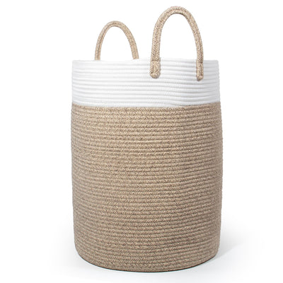 SYLANDO Wäschekorb mit Henkel, Spielzeug Aufbewahrung, Aufbewahrungsbox Geflochten, Wäschesammler Groß, Aufbewahrungskorb Kinderzimmer (Braun&Weiß, D 38 x H 50 CM)