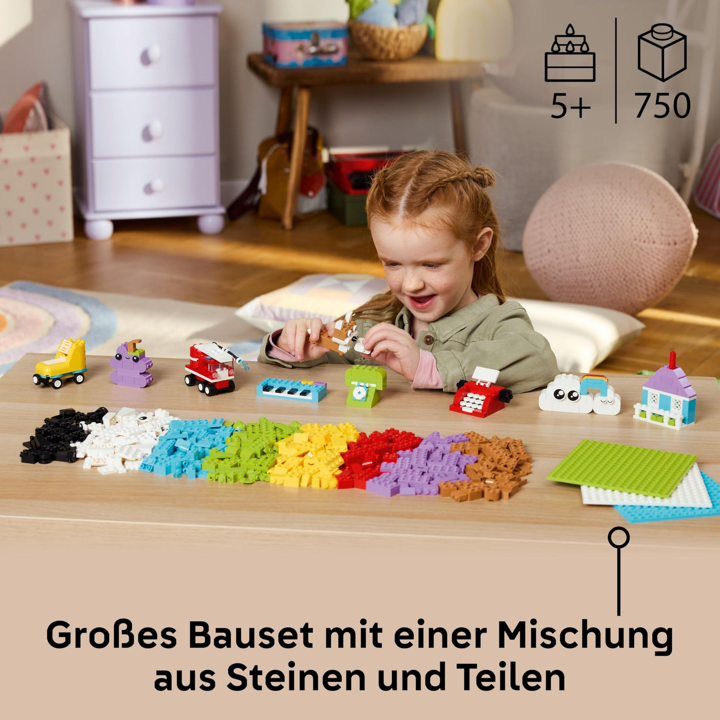 LEGO Classic Kreativset zum Bauen und Spielen - Set mit bunten Bausteinen - Baue EIN Haus, Hund, Löschauto, Klaviertastatur und Regenbogen - Bastelset für Jungen & Mädchen ab 5 Jahren 11044