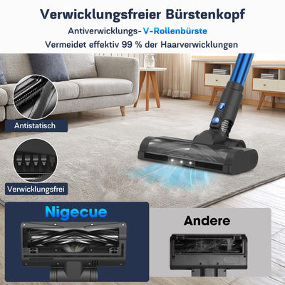 Nigecue 550W/45000Pa/60Min Akku Staubsauger, Staubsauger Kabellos mit Smart Touchscreen und Ladestation, Anti-Tangle-Bürste, 1.5L Staubbehälter, Stabstaubsauger für Hartböden Teppiche Tierhaare