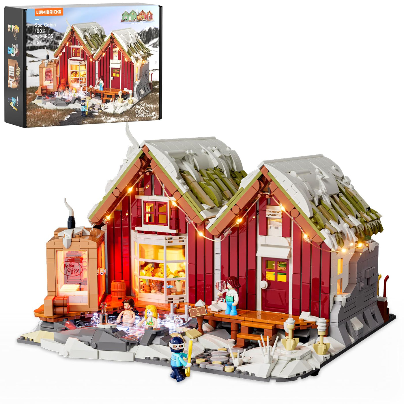 Lumibricks Island SPA-Hütte mit LED – 2235 Teile Winterbeleuchtung Nordisches Grasdach-Haus Set mit Sauna & Hot Spring, Teilbare Reihenhäuser, Immersive Nordische Kultur, Geschenk & Wohnungsdeko
