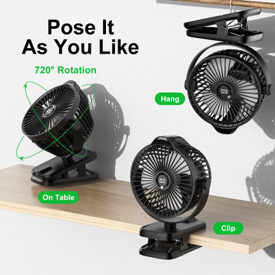 Minthouz Tischventilator mit Clip, 8000mAh USB Ventilator, 5 Geschwindigkeiten Tragbarer Mini Ventilator, Geräuscharmer Deckenventilator Ideal für Outdoor Camping/Kinderwagen/Haus/Büro