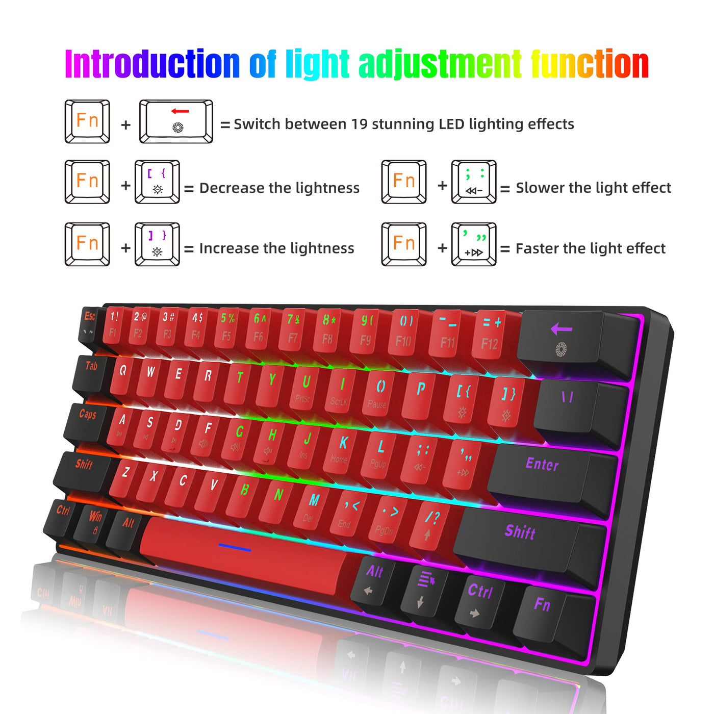 Snpurdiri 60% kabelgebundene mechanische Gaming-Tastatur, 61 Anti-Ghosting-Tasten, RGB-Hintergrundbeleuchtung, ultrakompakte Zwei Ständer (Blauer Schalter/Schwarz Rot)