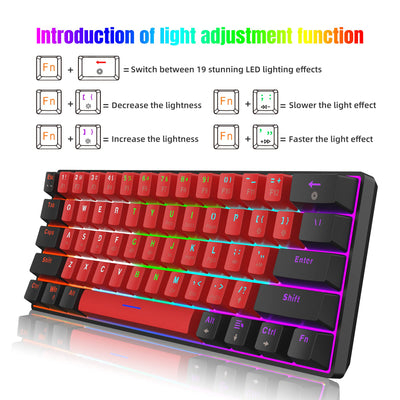 Snpurdiri 60% kabelgebundene mechanische Gaming-Tastatur, 61 Anti-Ghosting-Tasten, RGB-Hintergrundbeleuchtung, ultrakompakte Zwei Ständer (Blauer Schalter/Schwarz Rot)