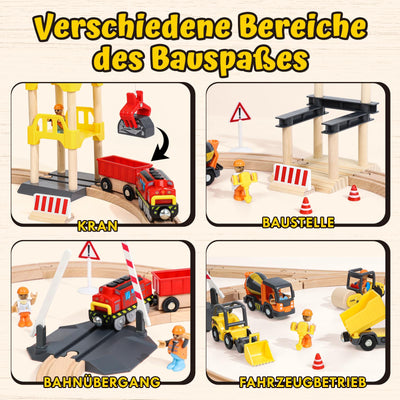 Lehoo Castle Holzeisenbahn, 68 Pcs Eisenbahn Holz mit Kran Spielzeug, Eisenbahn Kinder Elektrisch, Holz Eisenbahn Kinder mit Bagger