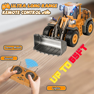 Ferngesteuerter Bagger Spielzeug Radlader Bulldozer mit Licht&Sound für Jungen 3-12 Jahre, 2,4GHz RC Bagger Bulldozer mit Metallschaufel, Baustellenfahrzeuge Kinder Geschenk für Geburtstag/Weihnachten