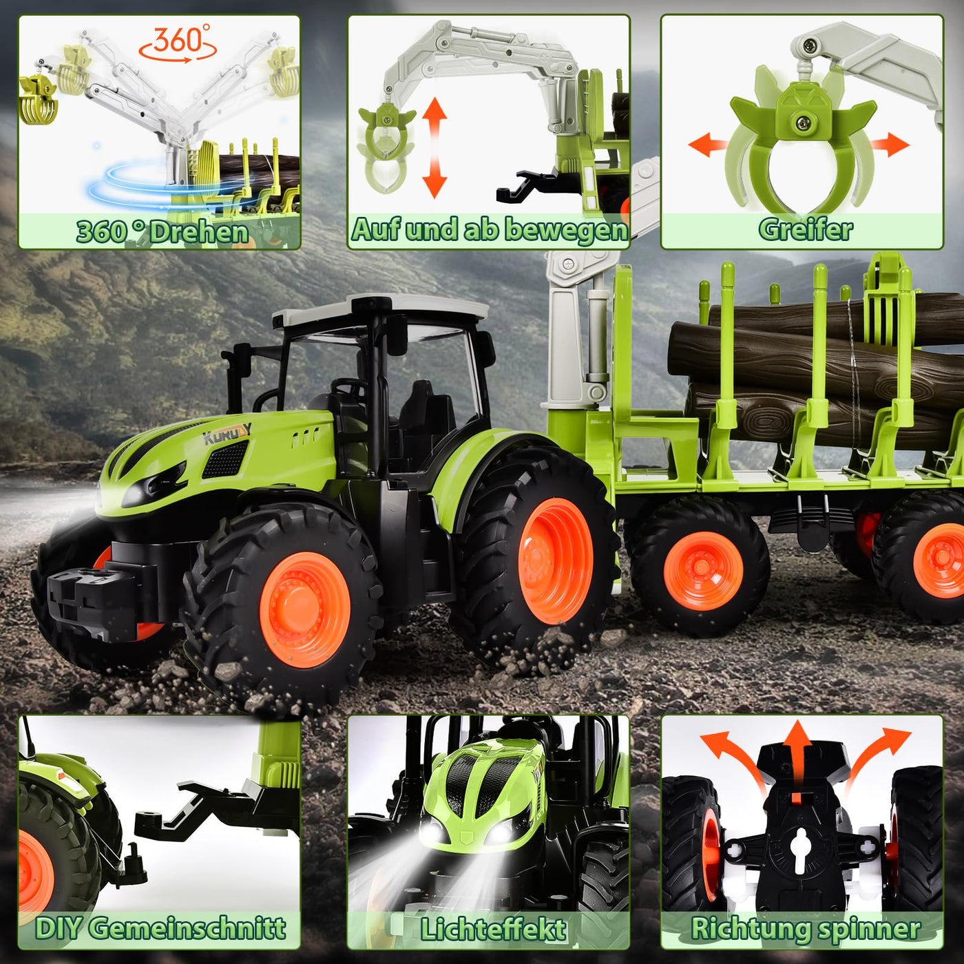 BuzzoXerex Ferngesteuerter Traktor Ferngesteuert, 1:16 RC Traktor mit Anhänger und Licht, 2.4 GHz Traktor Spielzeug mit Baumstämme, Kuh und Heuballen, Geschenk für Kinder ab 3 4 5 6 Jahre