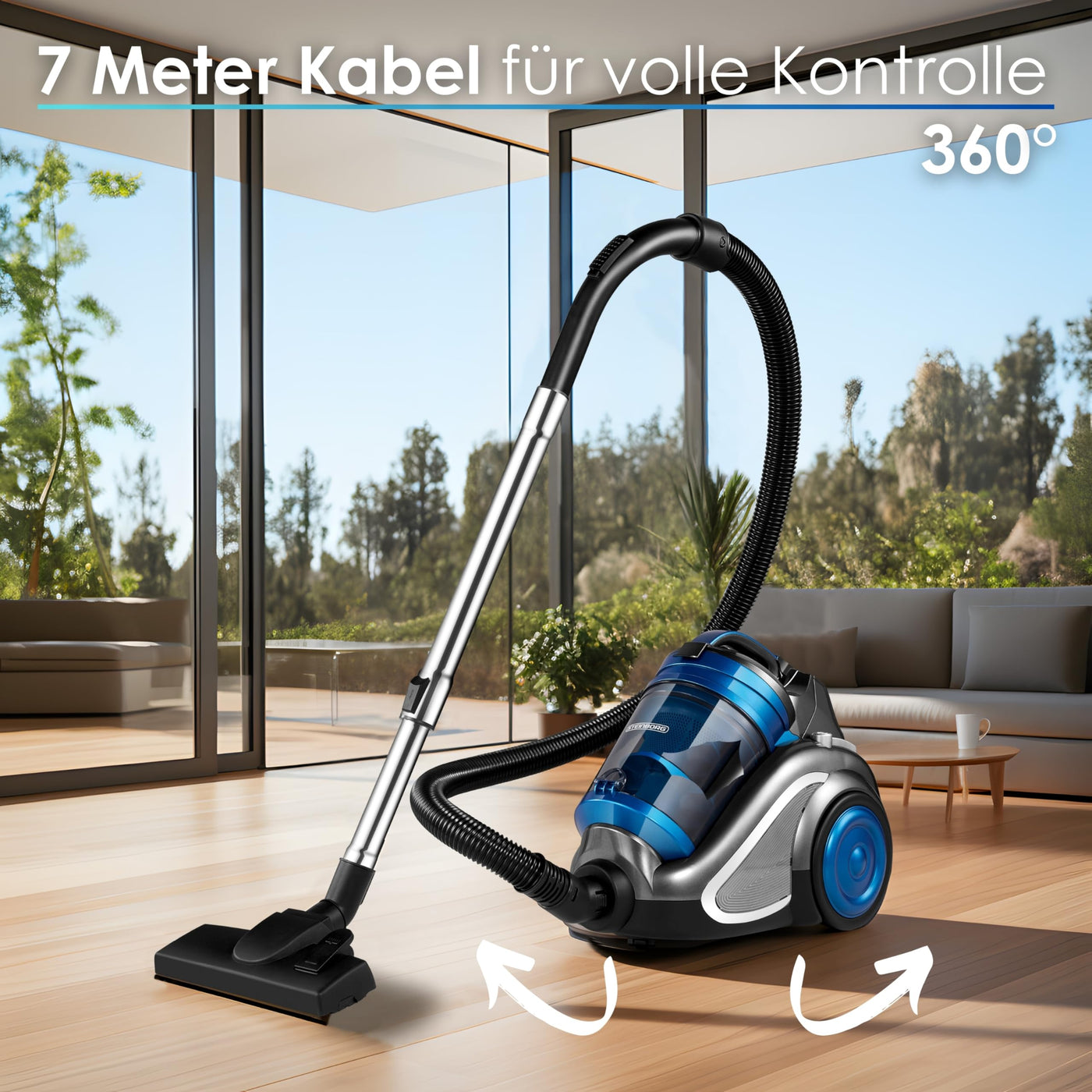 Staubsauger beutellos HEPA Filter 2in1 Bodenbürste Fugendüse Polsterdüse 7M 360° Schlauch Vacuum Cleaner Beutelloser Staubsauger Bodenstaubsauger Multi Zyklonen System Kleiner Staubsauger