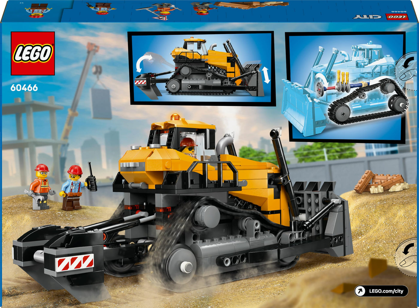 LEGO City Gelber Bulldozer Set – Spielzeugbaustelle, BAU- und Spielset – wirklichkeitsgetreue Baumaschine mit Fahrer und 2 Bauarbeitern – Geschenkidee für Kinder ab 8 Jahren – 60466