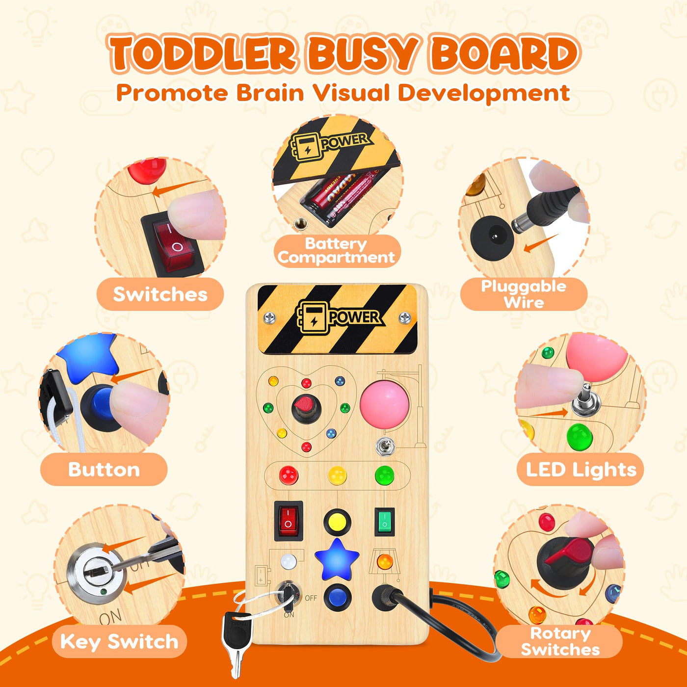 Montessori Busy Board Activity Board ab 1 Jahr Montessori Holzspielzeug mit 8 Schalter 15 LED Lichtschalterspielzeug Sensorisches Lernspielzeug für Kleinkinder Geschenk Jungen und Mädch ab 1 2 3 Jahr