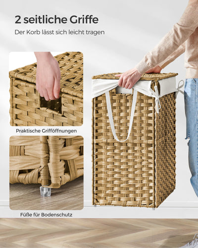 SONGMICS Wäschekorb 90 Liter, handgeflochten, Wäschesammler aus synthetischem Rattan, mit Deckel und Griffen, faltbar, Wäschesack herausnehmbar, naturfarben LCB51NL