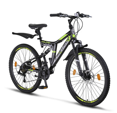 Chillaxx Bike Falcon Premium Mountainbike in 24 und 26 Zoll - Fahrrad für Jungen, Mädchen, Damen und Herren - Scheibenbremse- 21 Gang-Schaltung - Vollfederung (26 Zoll, Schwarz-Lime Disc-Bremse)