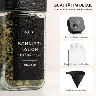 EDELHAUS Gewürzgläser Eckig Set mit Streueinsatz Deckel (24 x 120ml) Gewürzstreuer mit 240 Etiketten Schwarz - Hochwertige Gewürzbehälter, Gewürzdosen