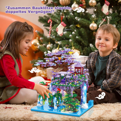 HILKKET Sakura Baumhaus Bauklötze Kit, 4574 Teile Chinesische Architektur Bausteine mit Lichter, Feenpavillon Micro Mini Bausteine, Sakura Baumhaus Lichter Baukasten mit Geschenkbox