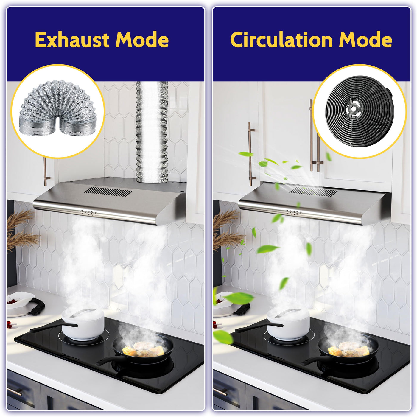 FIREGAS Dunstabzugshaube 60cm für Umluft- oder Abluftbetrieb, Dunstabzugshaube 60cm mit Bürstenloser motor & 3 Leistungsstufen, Abzugshaube Abluftleistung 250 m³/h, Edelstahl