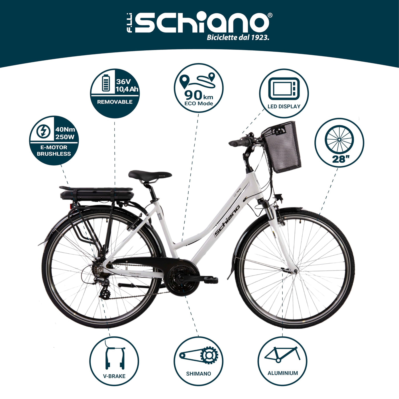 F.lli Schiano E-Ride, E Bike Trekking 28 Zoll, 36V 10.4Ah Abnehmbarer Akku, Motor 250W 40Nm, Trekking EBike für Herren/Damen, Weiss