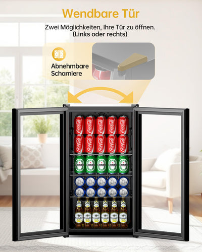 WIE Getränkekühlschrank Mini Kühlschrank mit Doppelte Glastür mit Verstellbaren Ablagen Indoor Outdoor Klein Bierkühlschrank Wendetür Leise 86 Liter 120 Dosen für Soda/Bier für Zuhause/Küche/Bar/Büro