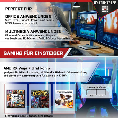 SYSTEMTREFF Basic Gaming Komplett PC Set AMD Ryzen 5 5600G 6x4.4GHz | AMD RX Vega 7 4K HDMI DX12 | 1TB M.2 NVMe | 32GB DDR4 RAM | WLAN Desktop Paket Computer für Gamer, Gaming
