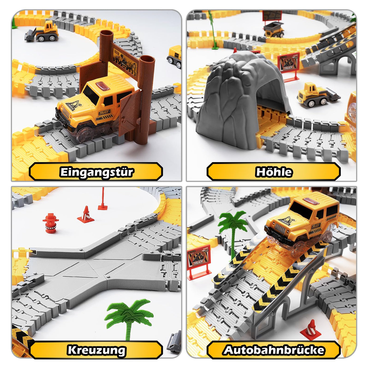 Autorennbahn ab 3 4 5 6 7 8 Jahre, 264 Stück 5 Cars Bagger Spielzeug Autorennbahn Rennbahn 2 Glow Elektroautos,3 Bauwagen,Flexibles DIY Gleis-Set Flexible Track Kran Spiele