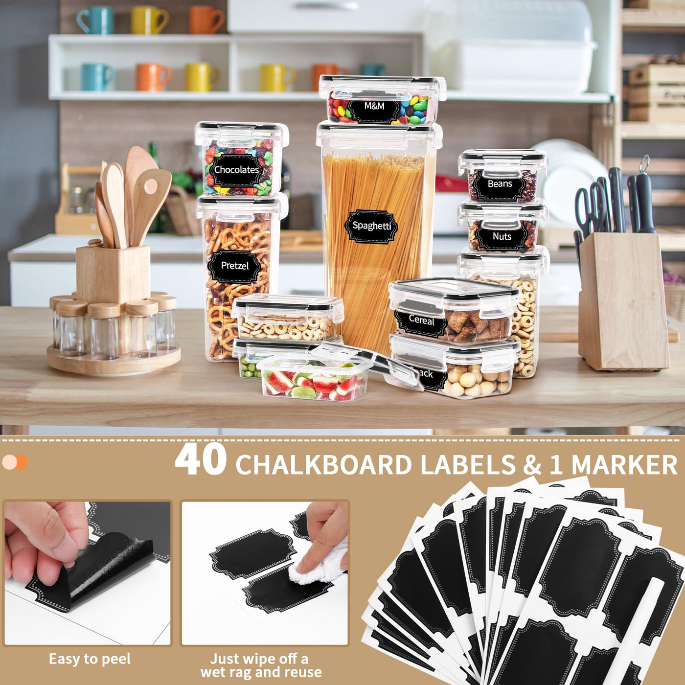 Skroam 36 Stück Kunststoffbehälter - Vorratsdosen mit Deckel - BPA-freie Müslibehälter- luftdichte Lebensmittelbehälter & Küchenorganizer zur Aufbewahrung von Müsli, Mehl, Zucker, Nudeln