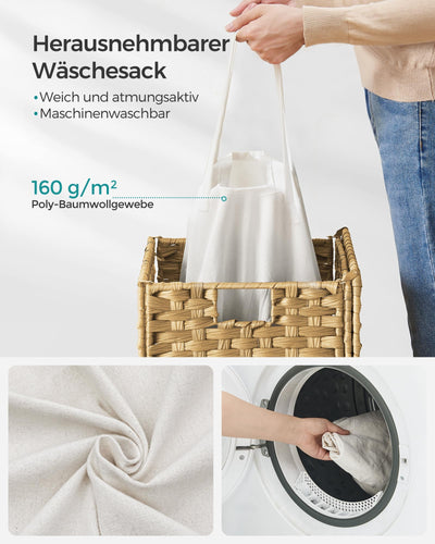 SONGMICS Wäschekorb 90 Liter, handgeflochten, Wäschesammler aus synthetischem Rattan, mit Deckel und Griffen, faltbar, Wäschesack herausnehmbar, naturfarben LCB51NL