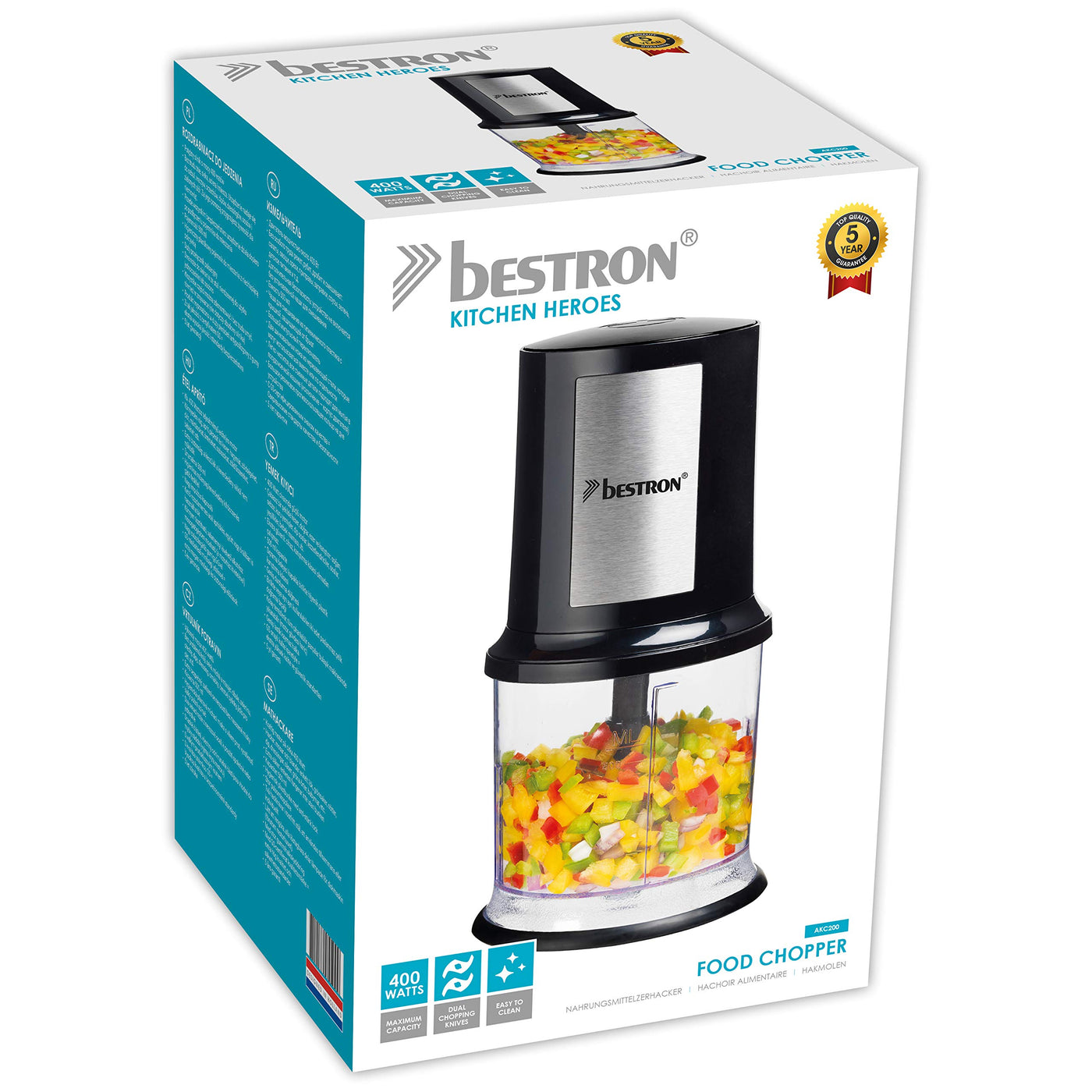 Bestron elektrischer Multi-Zerkleinerer, Universalzerkleinerer mit zwei Schneidemessern & 500ml Kapazität, große Pulstaste, 400 Watt, AKC200, Farbe: Schwarz / Silber